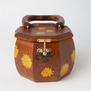 Vintage 1970s Wooden Floral Butterfly Octagon Purse Handel Decoupage Wood Bag